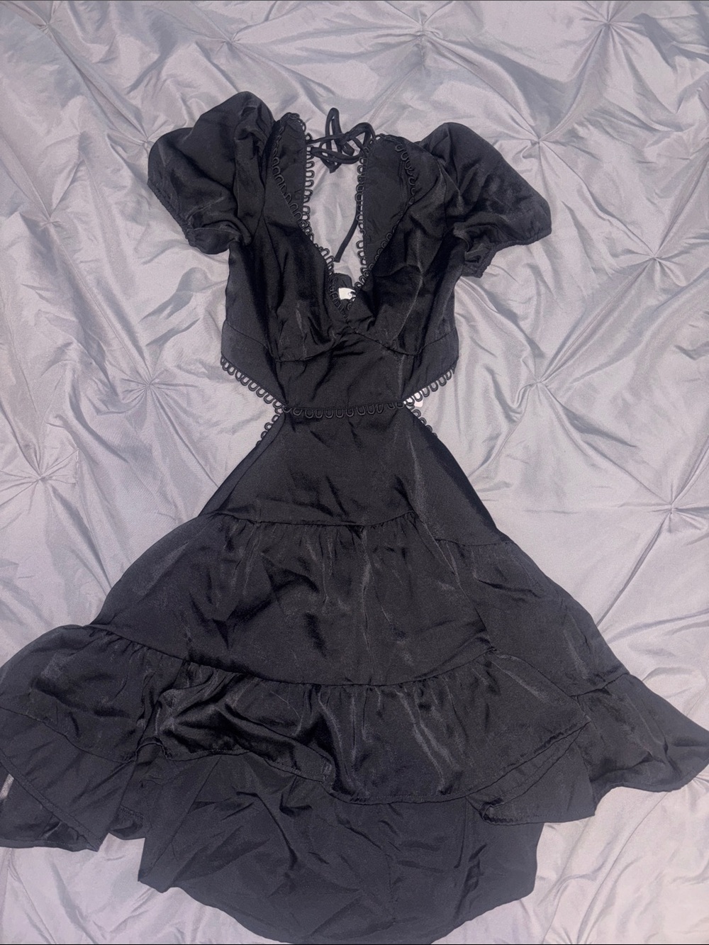 Black Ruffle Midi Dress with Lace-Up Detail